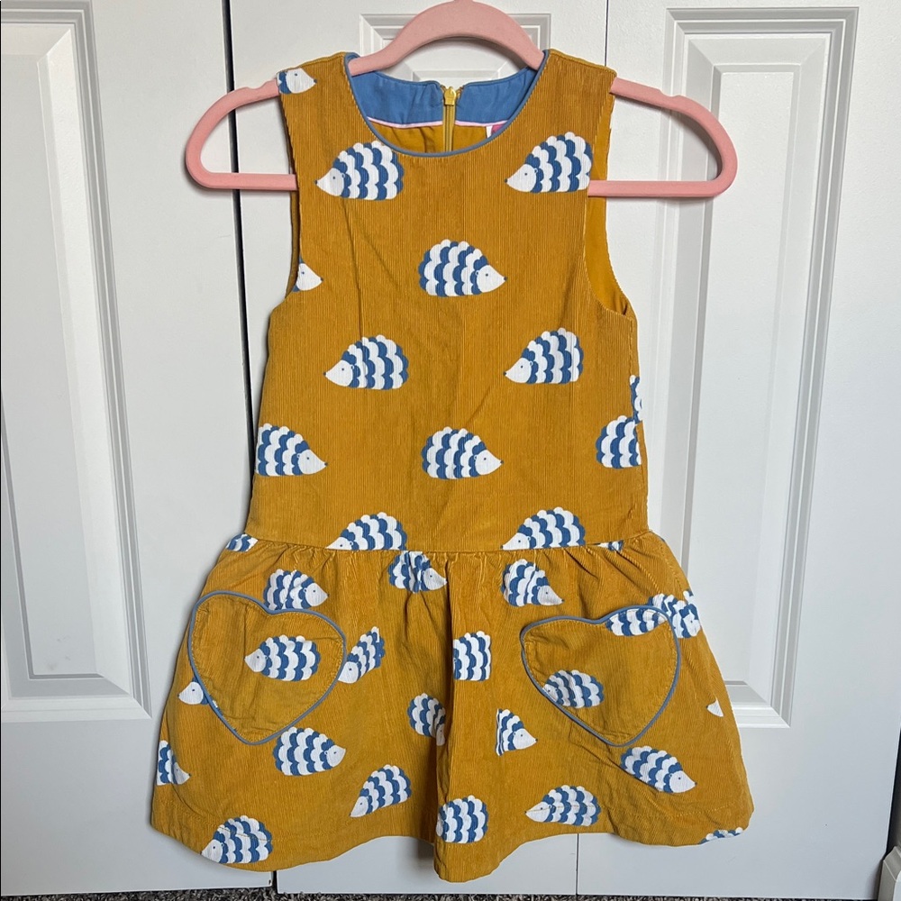 Mini Boden || Corduroy Hedgehog Print Dress || Mustard
